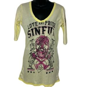 Sinful Yellow and Pink Graphic 3/4 Sleeve Top - featuring a skull and crossbones